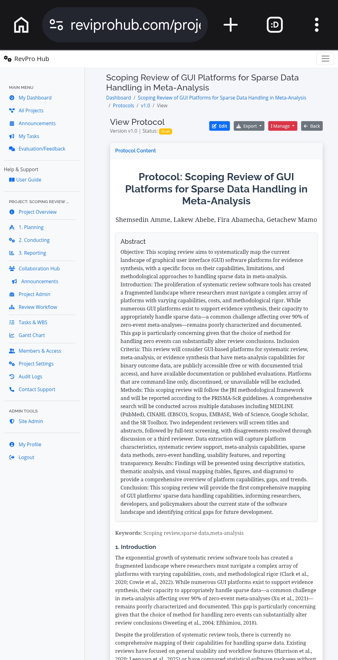 Protocol editor – research questions and PICO framework injected from Eligibility module.