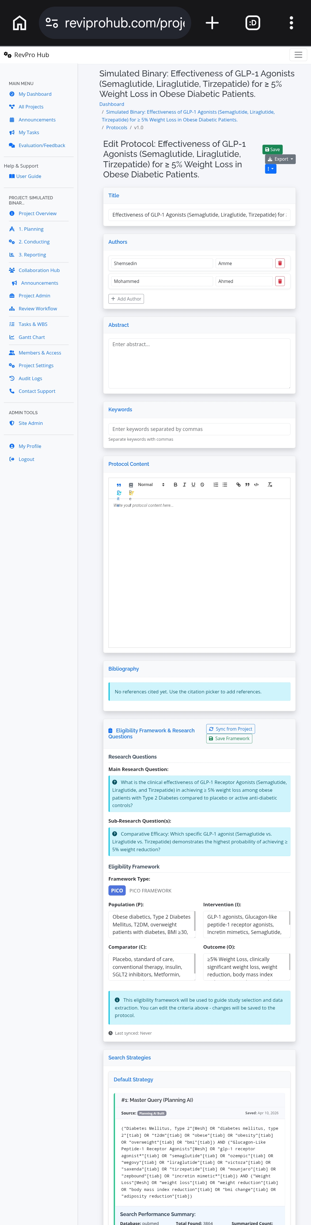 Protocol editor – research questions and PICO framework injected from Eligibility module.